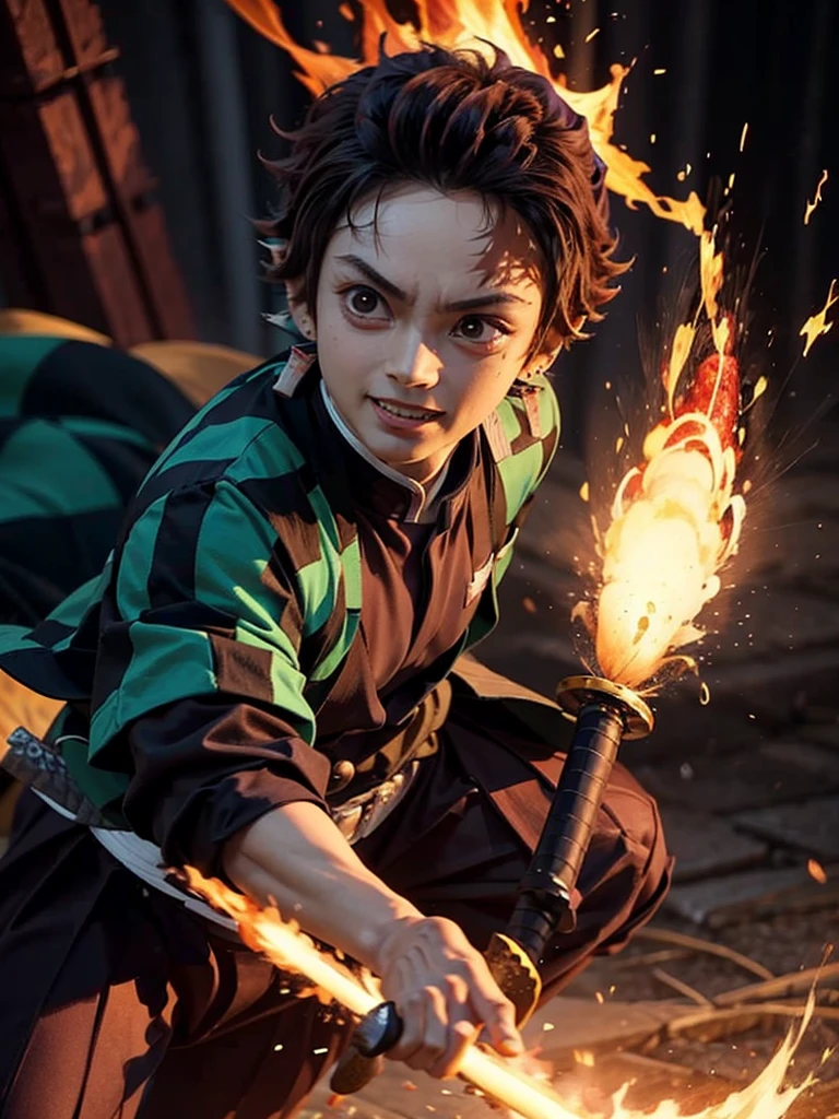 Boy (Tanjiro) using sword, fire coming from sword, happy look, 