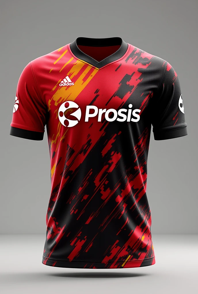 Jersey with Prosis logo theme in red, black and splash of yellow and with intricate pattern 
