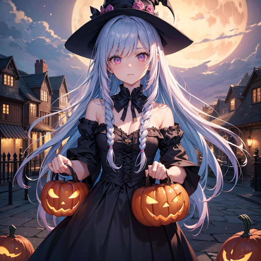 (Sky blue braided medium length hair), (Pink eyes),Fair skin)  ,(whole body),(One Girl),(Crescent Moon),(A large number of pumpkin ghosts in the background),(Trick or Treat),Halloween Party),(masterpiece, Highest quality, Very detailed, Best Shadow), (Detailed Background), (Beautifully detailed face), High Contrast, (Best lighting, Very delicate and beautiful), ((Cinematic Light)), Hyper Detail,8k, Dramatic Light, Intricate details,Witch&#39;s Clothes,Magic broom,night,Bats fly in the sky,