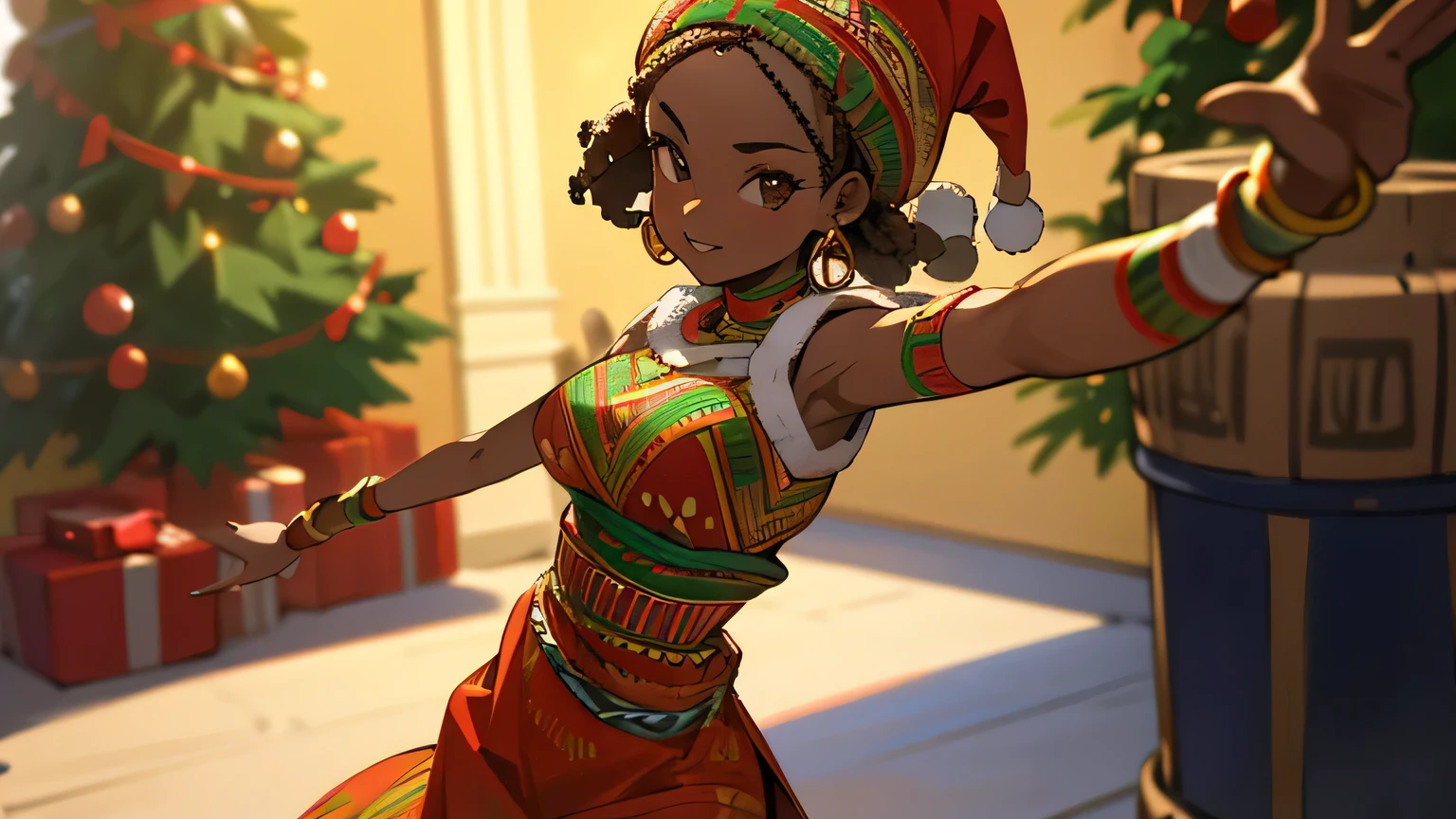 Flat colors, close up, Beautiful young African woman dancing to the beat of drums on Christmas Eve. Surroundings with Christmas decorations and typical Senegalese crafts. She is at a Christmas party in her living room after Christmas dinner. Dress made of popular African fabrics and Afro ethnic style with tribal and Christmas decorative motifs. Image size and format: landscape