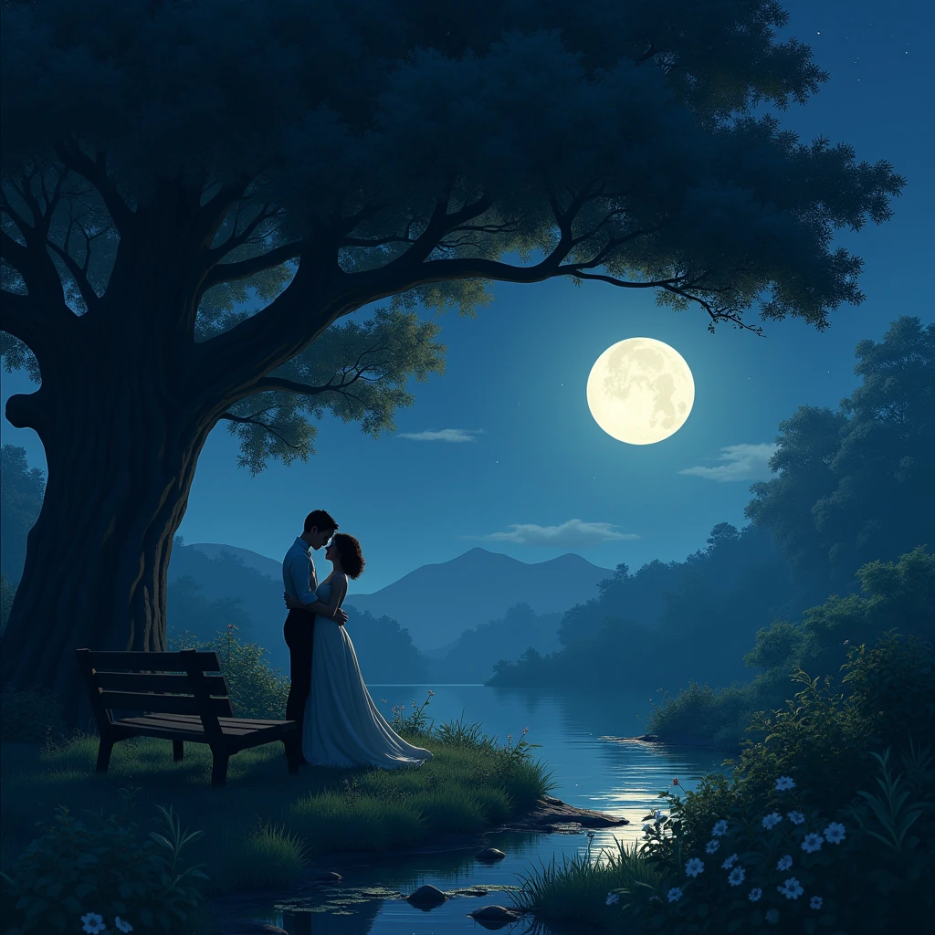 A serene moonlit night scene with a couple sharing a tender moment in a lush garden. Soft moonlight illuminates the couple, casting romantic shadows. A majestic oak tree stands tall on the left, while a small wooden bench sits on the right. A clear night sky with a full moon and a serene pond reflecting the moonlight complete the scene. Detailed, cinematic lighting, 8k resolution, art by Alphonse Mucha and Makoto Shinkai.