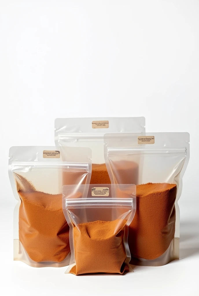 Multiple bags Cinnamon powder in transparent plastic bags with any sticker with white background