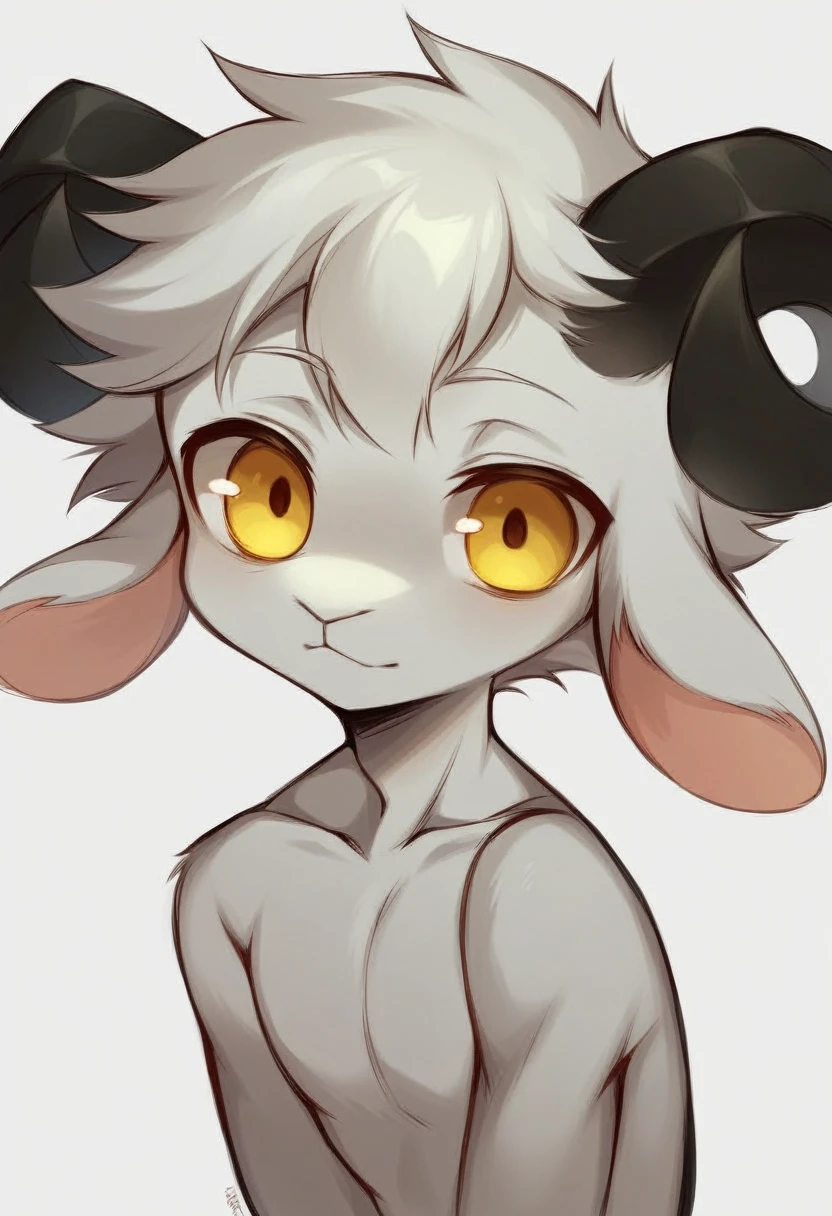 anthro ((male)) ram ((ram)) 4k, high resolution, best quality, posted on e621, solo, anthro body, male, young boy, correct anatomy, (white background), (by wfa:1), (cel shaded, cartoony shading:1.2), black lineart, black outline, flat coloring, ((fullbody)), score_9,score_8_consolation,score_7_consolation,score_6_consolation,score_5_consolation,score_4_consolation, solo anthro furry, cute ram, cute sheep, white fur, white ears, yellow eye, small horn, whole body