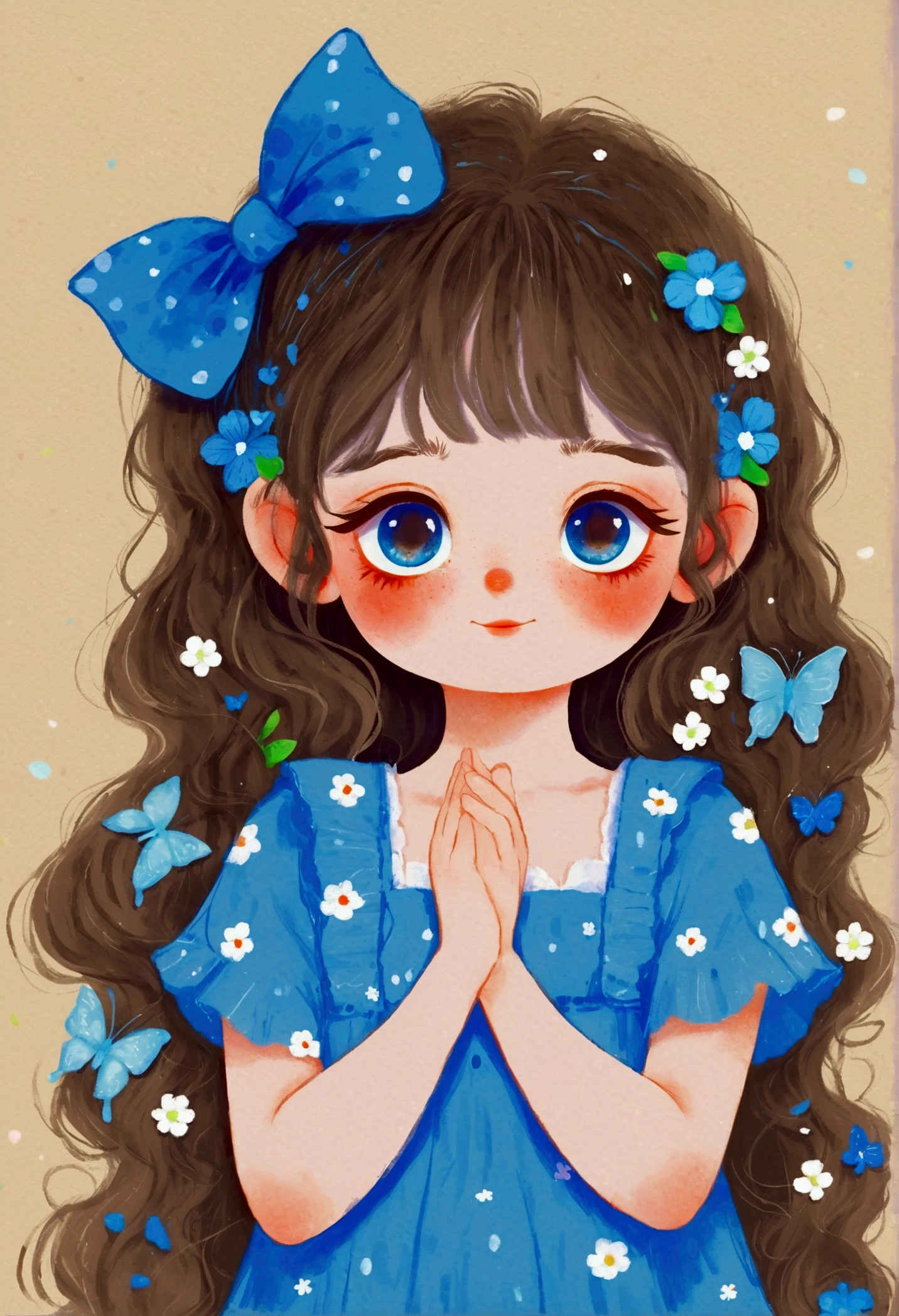 Corner close-up，Cute little girl in blue dress，Big blue eyes。Fine and fluffy hair，Lovely art style,  Lovely and detailed digital art, Cute numbers艺术, splash art anime Change, Hand drawn cartoon art style,Lovely artwork, Kawaii realistic portrait, Change, Cute numbers, Lovely portrait, Kasuga, Lovely characters, Cute, colorful and adorable