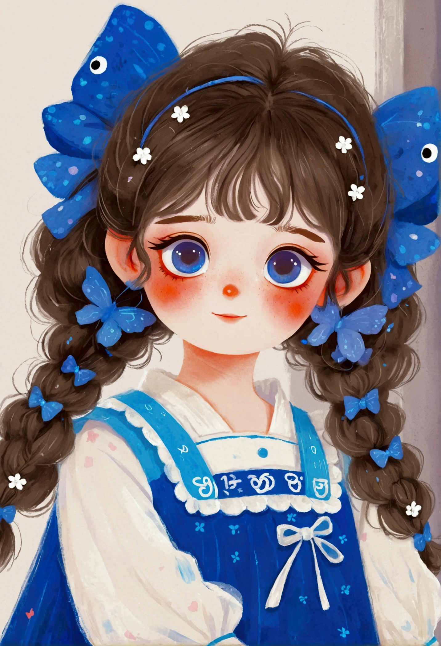 Corner close-up,Cute in blue dress,Big blue eyes。Fine and fluffy hair,Lovely art style, Lovely and detailed digital art, Cute numbers艺术, splash art anime Change, Hand drawn cartoon art style,Lovely artwork, Kawaii realistic portrait, Change, Cute numbers, Lovely portrait, Kasuga, Lovely characters, Cute, colorful and adorable