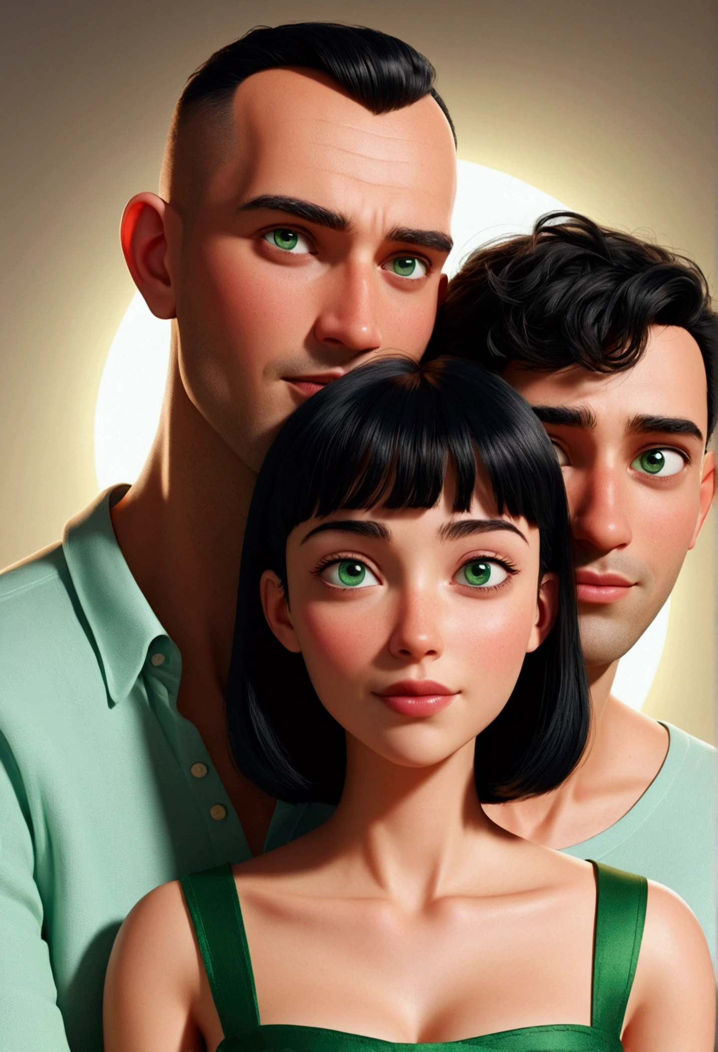 A beautiful illustration of a couple in love, where the man is tall with green eyes, shaved hair and no beard, and a beautiful woman with black eyes, short hair with bangs, shorty disney animation style full hd