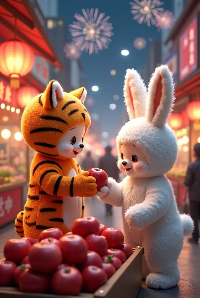A person wearing tiger doll clothes，Selling apples on the busy streets，The sales table is full of Zhaotong Honglu apples.，The tiger is holding an apple and introducing it to a person wearing a pure white rabbit doll costume.，The streets full of fireworks，People doing various businesses，Stalls selling various snacks，Background is the city night scene，