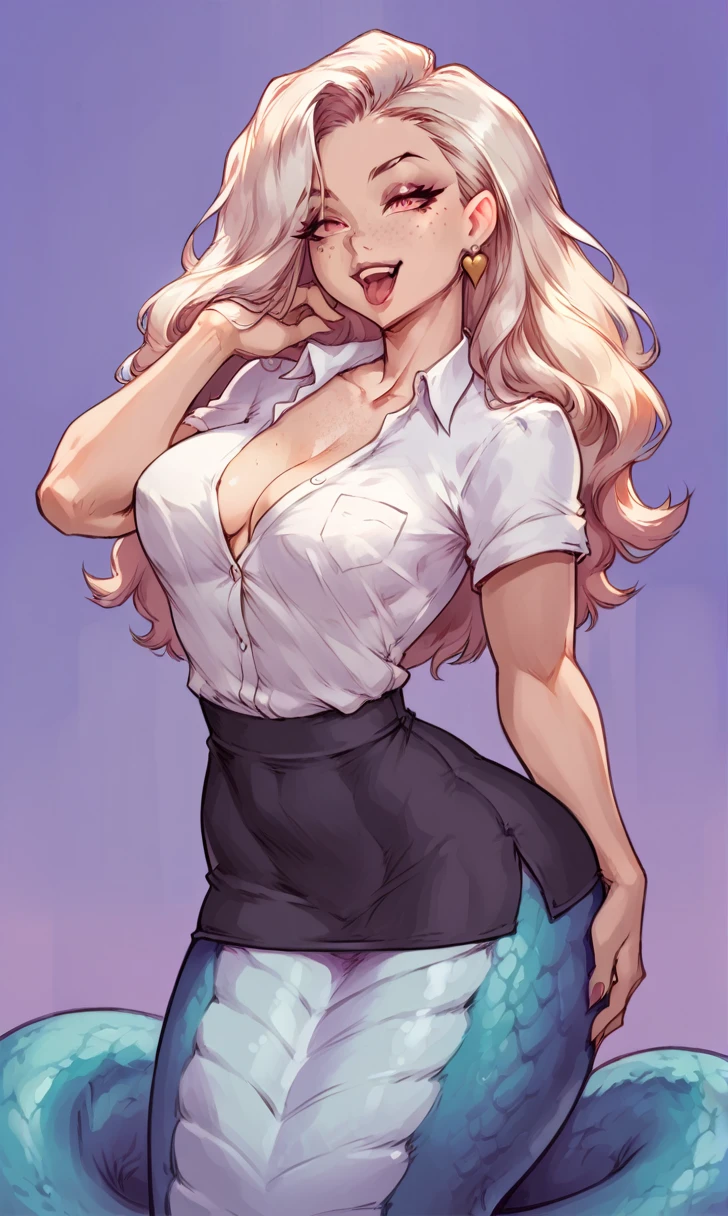 (standing alone) antro feminino lamia, long blondie hair, lamia, breasts big, appealing, teacher attire, shapely body, arachne eyes, Thick, freckles, freckles on face, smug eyes, (happy expression , moaning with your mouth open and your tongue out), She's standing still., Look Right, violet background, simple background, thick-thighs (darkskin, ebony, deep ebony) (lateral view)