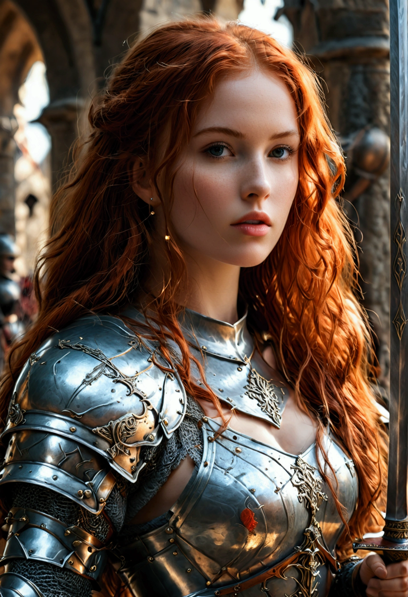 photorealistic image of a woman, ultrarealistic, photography, long red hair, woman, 24 years old, hourglass figure, perfect body, Flirty look, natural medium breasts, medieval female knight, shining armor, big sword
