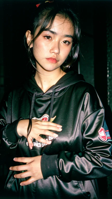 Masterpiece, best quality, ultra high resolution, hyper realistic, realistic, (photorealistic:1.4), masterpiece of analog film photograph a girl in the dark, expressionless, wearing black hoodie, taken by Hideaki Hamada using Pentax 67II and Kodak Portra, basement background 