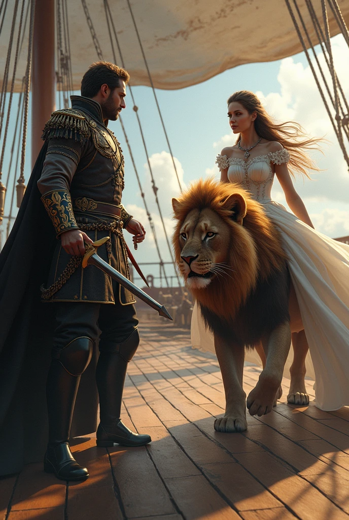 Prince & princes are on war ship deck. The prince is wearing a war suit and is holding a sword while the princes is wearing a white long dress is biking a lion. They are sitting on a backward