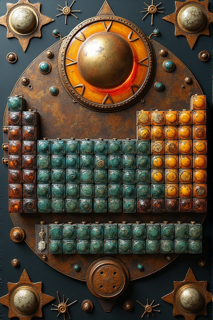 Create a very creative handmade periodic table with all the elements of the periodic table and highlighting the elements mercury, carbon, brimstone, helium, Uranium.