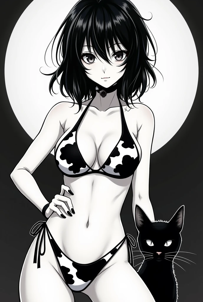  girl, bikini, cow prints, goth, cat, mature face, anime, black and white, manga