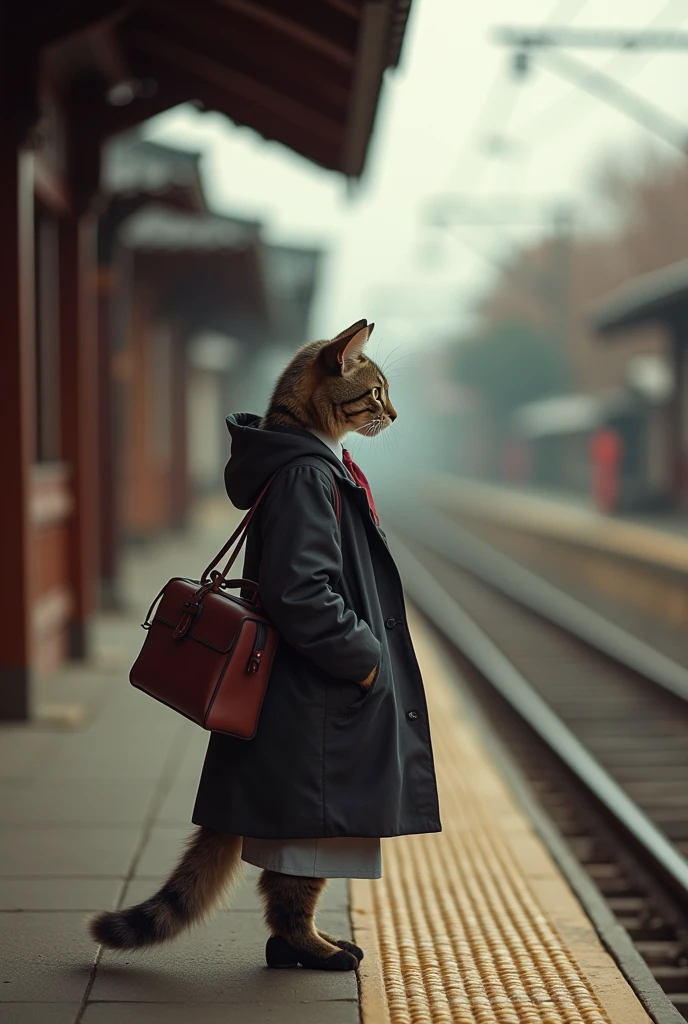 35mm lens,Multiple angles,side,silhouette,Overhead shot,Cat,Standing,doll,Carrying a small school bag,tram,Hokkaido,Autumn Station,Wooden house,Platform, cloak,Ruan Jia,Suit,tie, (Delicate face), (Fine fluffy fur),(35mm Cinema Lens),(Multi-angle shooting),(many viewing angles)