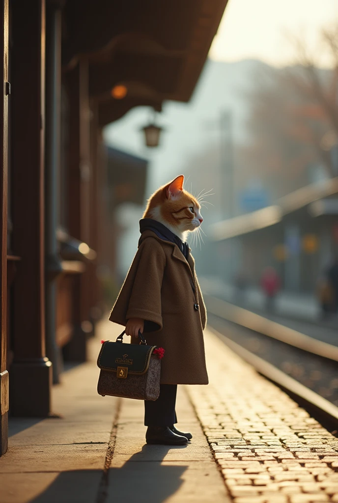 35mm lens，Multiple angles，side，silhouette，Overhead shot，Cat，Standing，doll，Carrying a small school bag，tram，Hokkaido，Autumn Station，Wooden house，Platform， cloak,Ruan Jia,Suit,tie, (Delicate face), (Fine fluffy fur)，（35mm Cinema Lens），（Multi-angle shooting），（many viewing angles）
