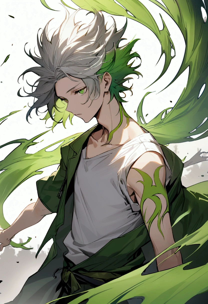 age boy, spiky hair, medium length hair, multicolored green and gray hair, greeneyes, face neutral, ripped loose white shirt, bright green loose-fitting short-sleeved overcoat, green tattoos on the body, wind aura