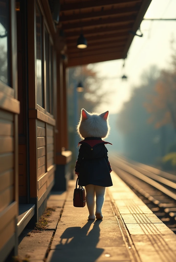 35mm lens,Multiple angles,Back,side,silhouette,Overhead shot,Cat,Standing,doll,Carrying a small school bag,tram,Hokkaido,Autumn Station,Wooden house,Platform, cloak,Ruan Jia,Suit,tie, (Delicate face), (Fine fluffy fur),(35mm Cinema Lens),(Multi-angle shooting),(many viewing angles)