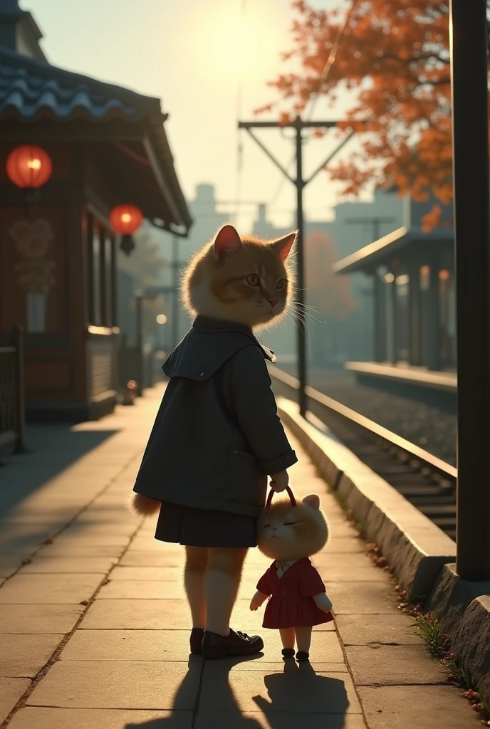35mm lens,Multiple angles,Back,side,silhouette,Overhead shot,Cat,Standing,doll,Carrying a small school bag,tram,Hokkaido,Autumn Station,Wooden house,Platform, cloak,Ruan Jia,Suit,tie, (Delicate face), (Fine fluffy fur),(35mm Cinema Lens),(Multi-angle shooting),(many viewing angles)