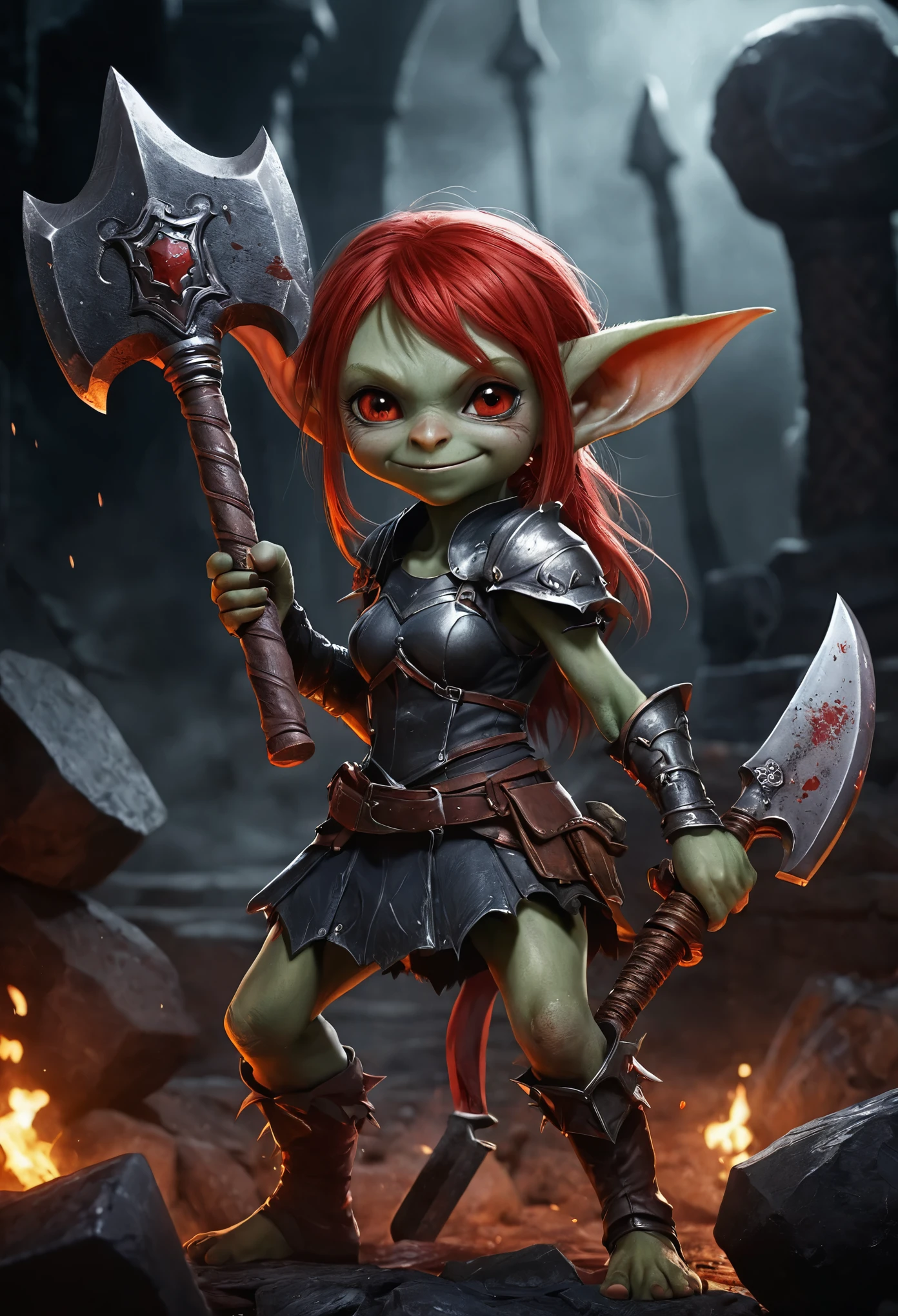 Girl, goblin girl, goblin, green skin, short, short stature,short hair, black hair, large breasts, miniskirt, latex, long gloves, thigh boots, goth, pouty lips, masterpiece, best quality, sexy, dynamic pose, 8k, shortstack, sfw, shiny, fantasy, dungeons and dragons, high heels, fishnets, holding, dark green skin, adventurer, barbarian, large hammer, armor, sexy armor, skintight armor, dark colors,