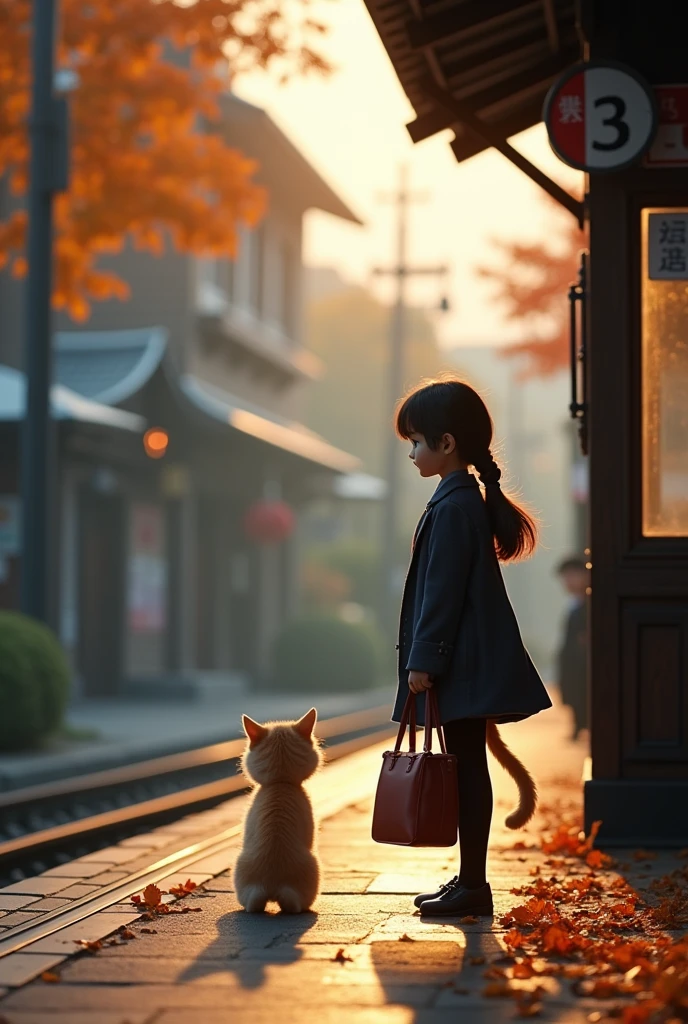 35mm lens,Multiple angles,Back,side,silhouette,Overhead shot,Cat,Standing,doll,Carrying a small school bag,tram,Hokkaido,Autumn Station,Wooden house,Platform, cloak,Ruan Jia,Suit,tie, (Delicate face), (Fine fluffy fur),(35mm Cinema Lens),(Multi-angle shooting),(many viewing angles)