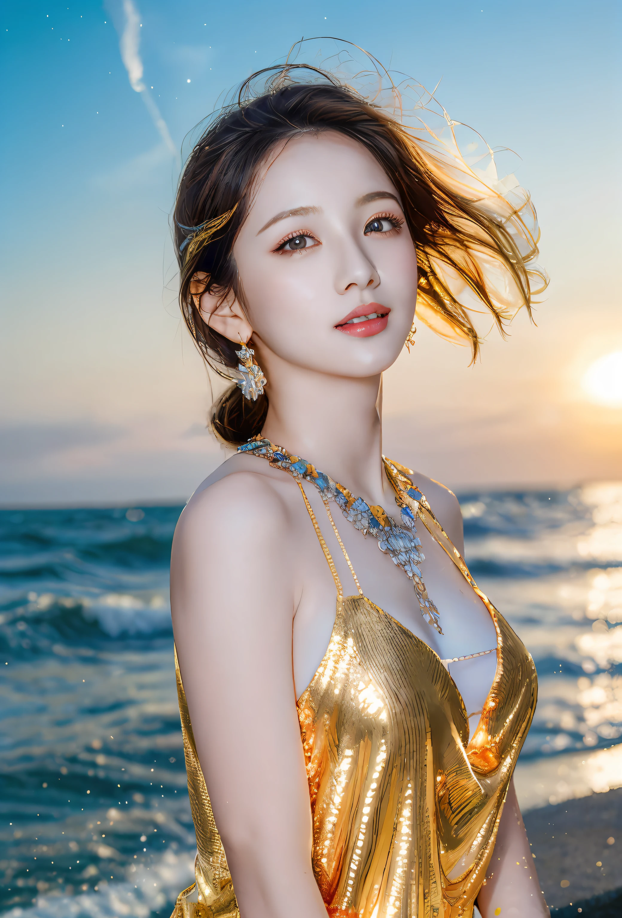 (masterpiece, Top quality, best quality, Official Art, Beauty and aesthetics: 1.2), ((1girl flying in the sky))), ((windy)), (Jump), White Cloud, Blue sky, Highest detail, (Glowing skin), (earrings), Sitting by the sea, (masterpiece: 1.3), (8K, Practical, RAW photos, best quality: 1.4), Pretty Face, (Practical Face), ridiculous, attractive, Ultra-high resolution, Ultra Practical, Very detailed, Golden Ratio, (outdoor, ocean, dawn), spark