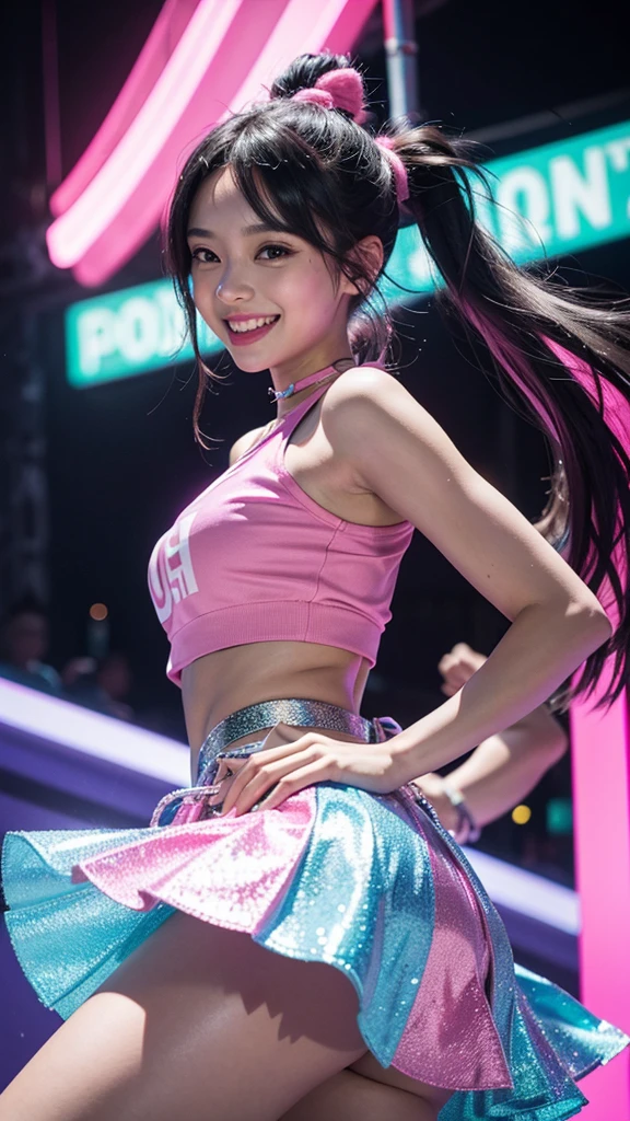 A young DJ with long straight hair, tied into two high ponytails decorated with neon pink pompoms. She wears a bright pink crop top with silver lettering and a silver holographic flared skirt.. At an outdoor festival, with pink and blue neon lights flashing to the beat of the music, she holds silver headphones in one hand while the other makes an excited cheering gesture. She looks at the camera with an infectious smile, radiating energy and enthusiasm.