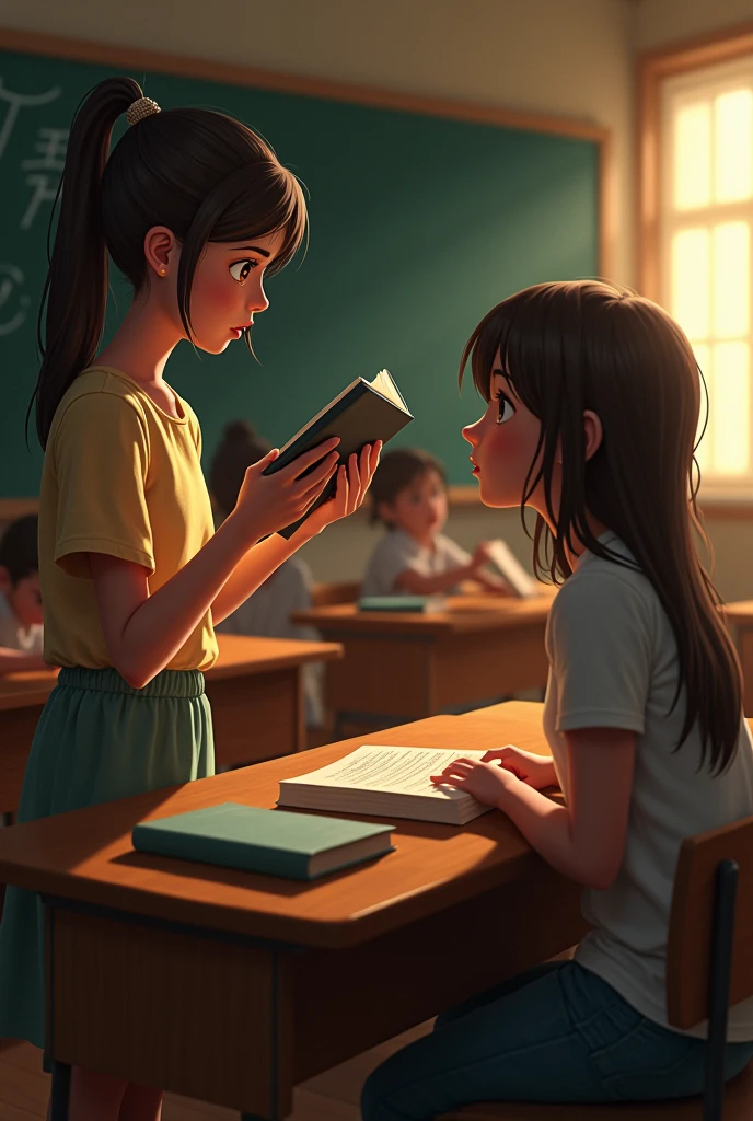 A classroom scene where Beth nervously reads aloud , while Imogene listens intently may be showing a hint of emotions