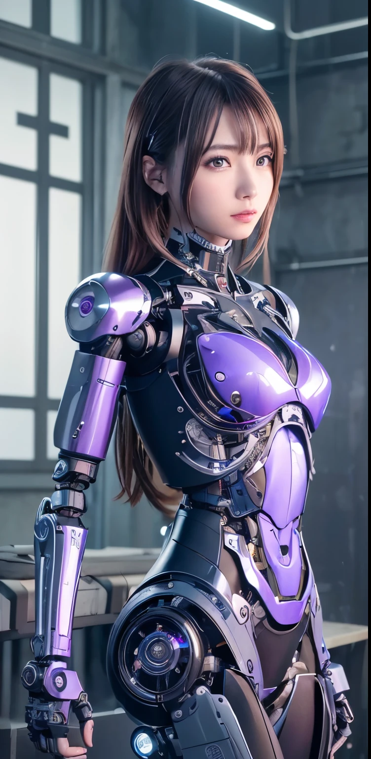 Highest quality、masterpiece、Ultra-high resolution、(Realistic:1.4)、((beautiful girl:1.6)), 全身cyborg少女1人、、not human、((Skin part is only the face)), Glowing Eyes、no weapons、Futuristic spaceship and glowing background、Lightweight body、Black iron color、((分割されたMetal製の胸部プロテクターが多数)), Metalロボット、((The whole body is a combat robot))、((Body parts are robot parts:1.8))、((The internal structure of the chest is exposed)), ((Mechanical chest armor with LED indicators and meters)), Robotic arms and legs、((露出したMetal骨格 of the abdomen))、頸部のMetal骨格、repair、Destroyed Corpse、Metal Mechanical Bra、Full body metal skin、Metal Bodysuit、全身を覆うMetalの鱗、Metal製のボディ、全身Metal、beautiful girl、Prosthetic arm、prosthetic limb、全身cyborg、露出したMetal骨格、Asian Beauty、cyber punk、steampunk、Futuristic spaceship interior、Research Room、Complex 3d rendering beautiful porcelain profile ultra detailedd female type android face、Dark brown hair、Glowing Skin、((Ultra-Realistic Details))、Portraiture、Global Illumination、Shadow、Octane Rendering、Metal、複雑な装飾のdetailed、日本のdetailed、非常に複雑なdetailed、Realistic Light、CGSoation Trend、Purple eyes、Shining Eyes、To the camera、ネオンのdetailed、Mechanical limbs attached to the back of a blood vessel connected to a tube Mechanical vertebrae、Attach a mechanical cervical spine to the neck、sit、wire and cables connected to the head、Gundam、Small LED Lamp、masterpiece、 Metalロボット、Metal製のボディ、全身Metal、Prosthetic arm、prosthetic limb、全身cyborg、露出したMetal骨格、Asian Beauty、cyber punk、steampunk、Future City、Research Room、Complex 3d rendering beautiful porcelain profile super detailedd female android face、cyborg、Robot parts、150mm、Beautiful studio soft light、Rim Light、Sharp details、豪華なcyber punk、Ren Hao、Surreal、Anatomical、Facial muscles、cable, wire, Microchip、elegant、Beautiful background、Octane Rendering、HR Giger Style、8k、Highest quality、masterpiece、Consciousness upward、Very delicate and beautiful、 非常にdetailedなCG、Unity、wallpaper、(Realistic、Realistic:1.37)、wonderful、detailed、masterpiece、Highest quality、Official Art、Highly detailedd CG Unity 8k wallpaper、Absurd、信じられないほどAbsurd、、、Silver beads、Ezvian everywhere、Are standing