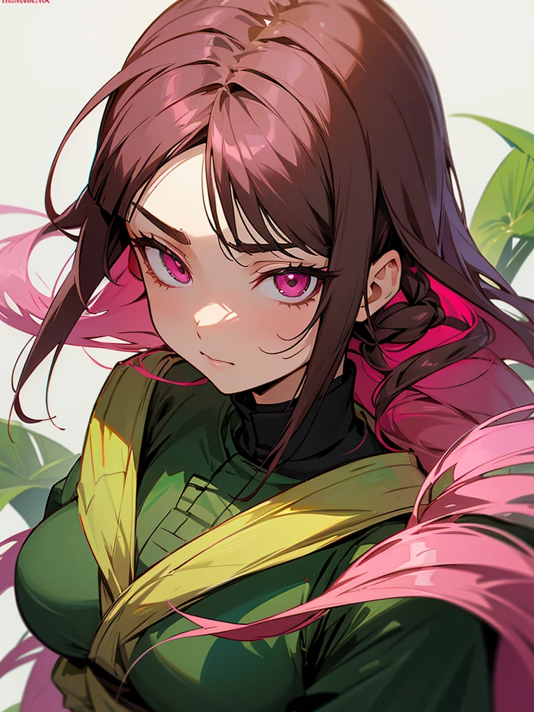 A femail hashira in demon slayer anime she uses plant breathing style her hair is brown but her bangs are pink