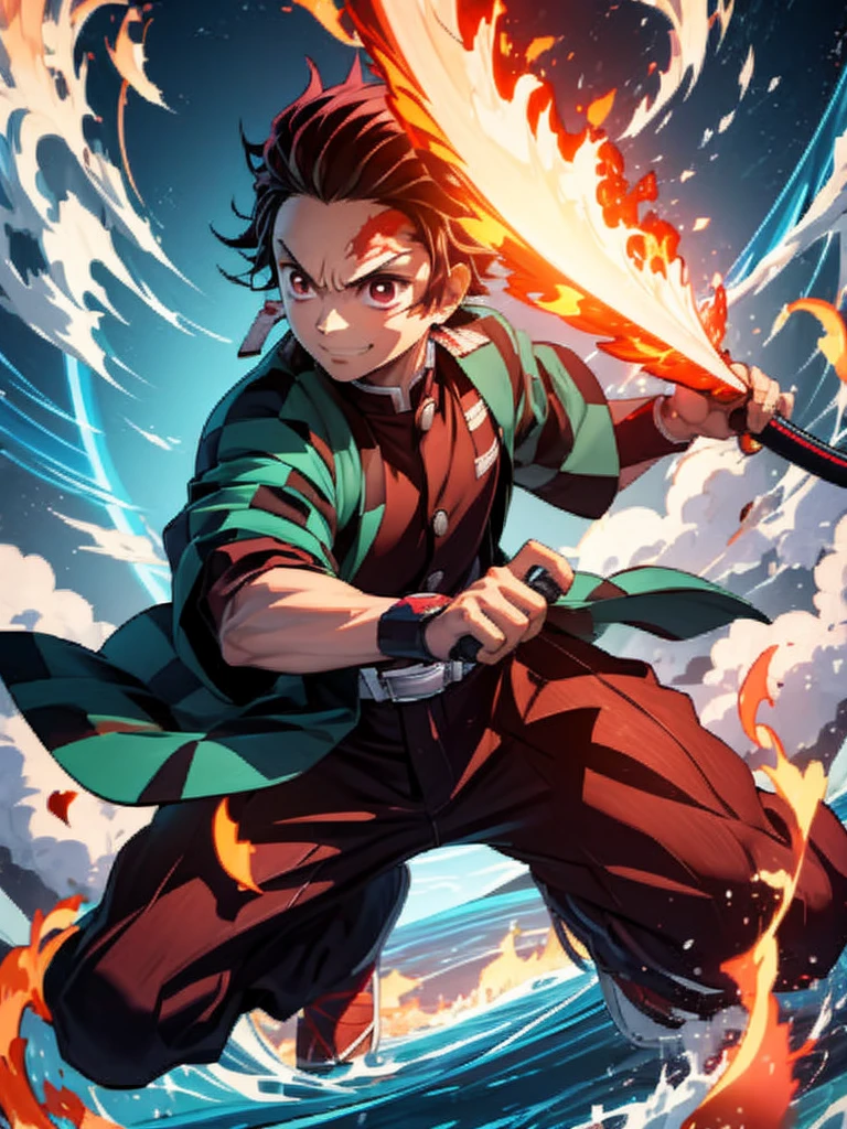 Boy (Tanjiro) using sword, fire coming from sword, happy look,