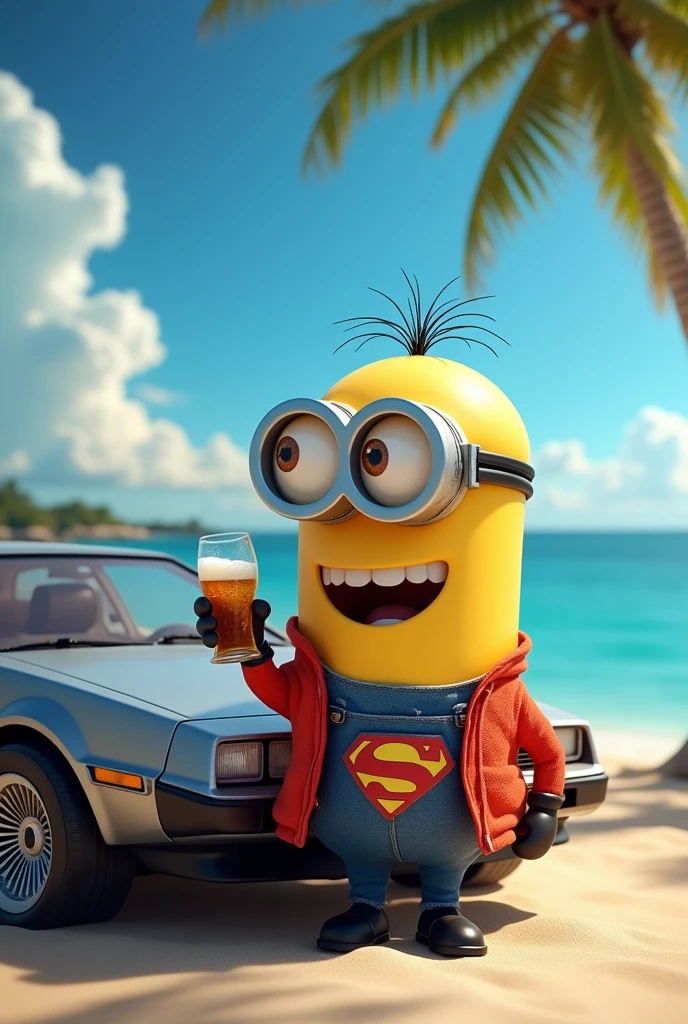create an image with a minion drinking beer and drunk and leaning on the Delorean from the movie Back to the Future on a paradisiacal beach 