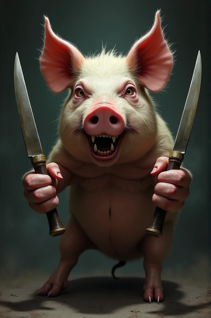 pig with malicious face with cutlery in its paws