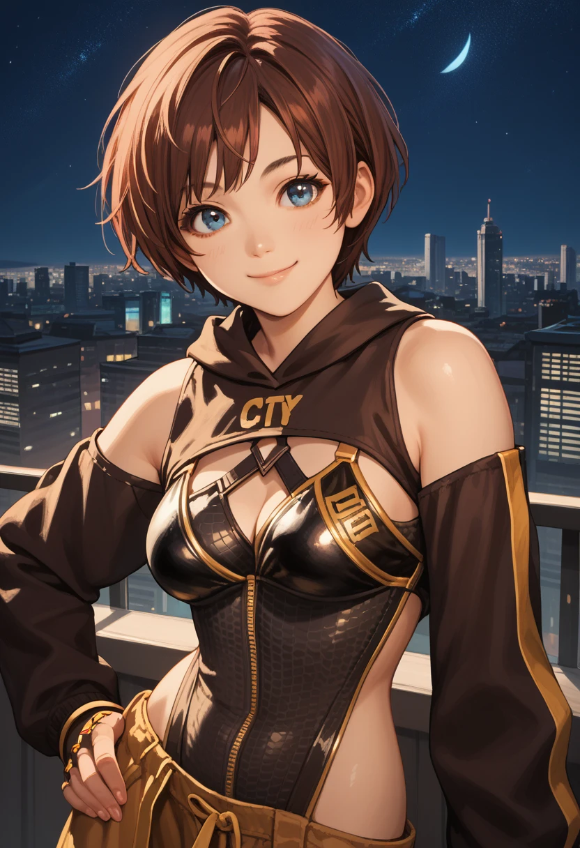 score_9, score_8_up, score_7_up, score_6_up, source_anime, 1girl, solo, sblily, brown hair, short hair, blue eyes, leotard, cleavage,  bare shoulders, long sleeves, fingerless gloves, smile, happy, closed mouth, looking at you, medium breasts, city, night sky, 