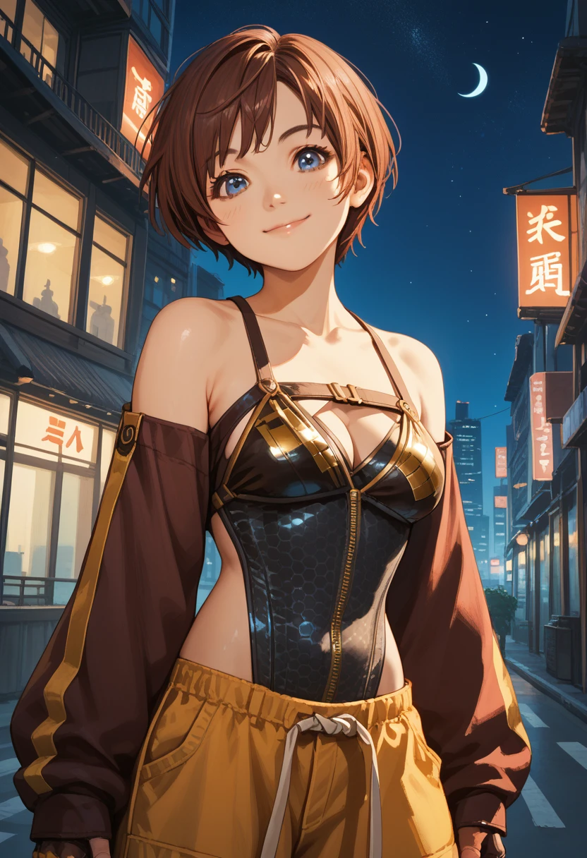 score_9, score_8_up, score_7_up, score_6_up, source_anime, 1girl, solo, sblily, brown hair, short hair, blue eyes, leotard, cleavage,  bare shoulders, long sleeves, fingerless gloves, smile, happy, closed mouth, looking at you, medium breasts, city, night sky, 