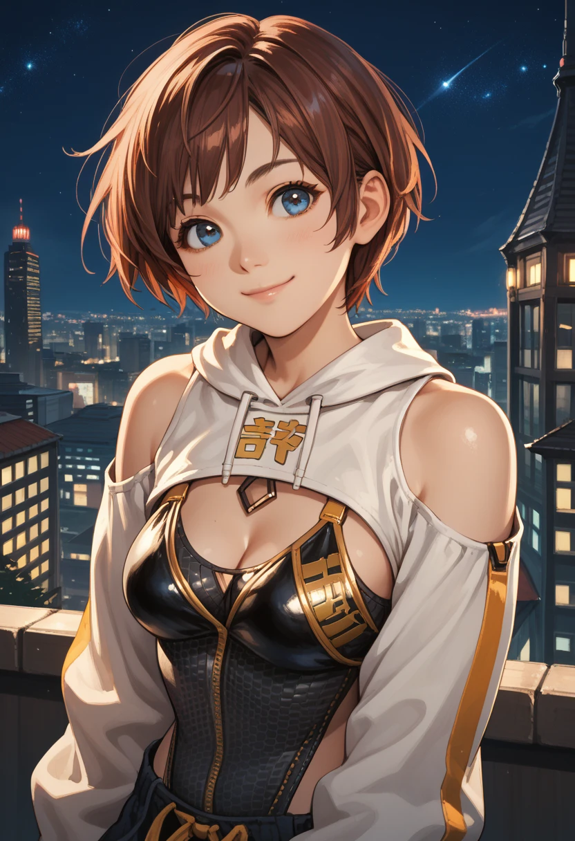 score_9, score_8_up, score_7_up, score_6_up, source_anime, 1girl, solo, sblily, brown hair, short hair, blue eyes, leotard, cleavage,  bare shoulders, long sleeves, fingerless gloves, smile, happy, closed mouth, looking at you, medium breasts, city, night sky, 