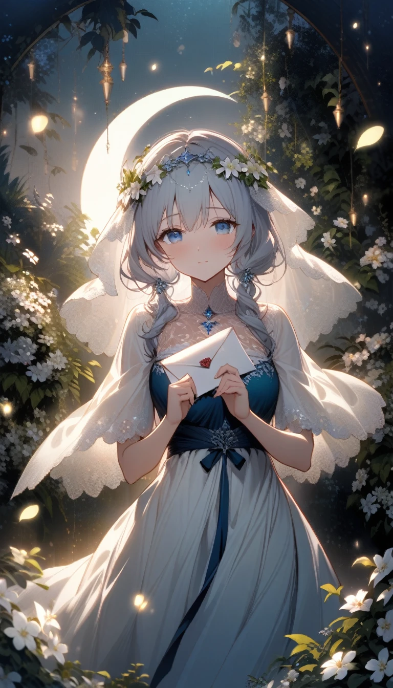 pov, A serene moonlit scene, softly illuminated by a gentle crescent moon, casting a silver veil over a secluded garden path. A bashful maiden, her face flushed with the warmth of her heart's secret, stands timidly before you. Her eyes, a deep ocean blue, shyly avert from yours, as she extends a delicately crafted letter with both hands, its edges adorned with intricate floral patterns. Her fingers tremble slightly, conveying the weight of her emotions. The air is filled with the subtle fragrance of night-blooming jasmine, adding a touch of romance to the moment. The background is a tapestry of lush greenery, gently swaying in the soft breeze, while distant fireflies dance in harmony with the silent night. Every detail exudes a poignant beauty, capturing the tender moment when love dares to speak, whispered in the language of moonlight and flowers.