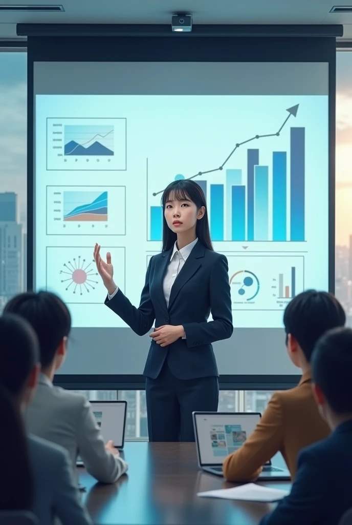 Japanese girl giving a presentation in an office conference room。