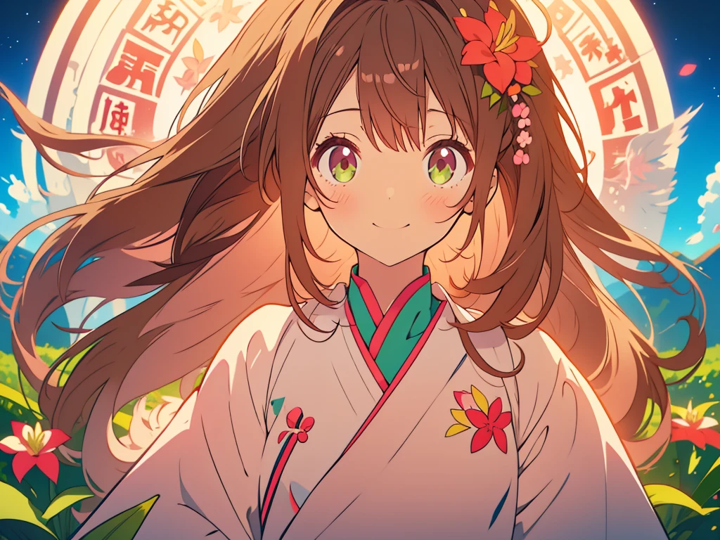 kawaii, anime, Cute, hyper quality, highly detailed, 8k, Clarity, Draw facial expressions in detail, Girl with long dark brown hair and green eyes, small pink lily flower, highlight on eyes, whole body, Dignity, longing for the future, A young girl with short light pink hair and scarlet eyes., draw two people, dream of the future, dignified smile, 