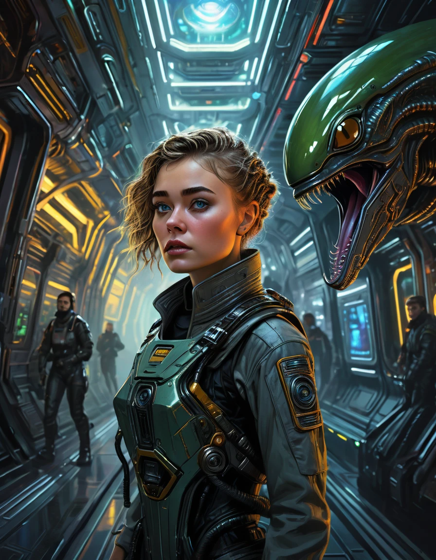 cinematic neon punk portrait of 24 yo [Maude Adams:Wynonna Ryder:0.5] as an Android starship attendant walking cautiously slilent in her Starship Cargo, terrified by Xenomorph onboard, Cyberpunk Starship cargo, Starship alley, intricate, sophisticated, highly detailed, intricate, digital painting, artstation, concept art, smooth, sharp focus, hyper photorealistic illustration, art by Don Lawrence and Frank Bellamy and alphonse mucha, 32k,