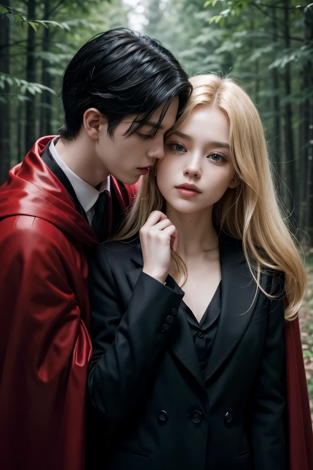 1 blonde girl in red cape kissing 1 black haired boy in black suit, at a forest