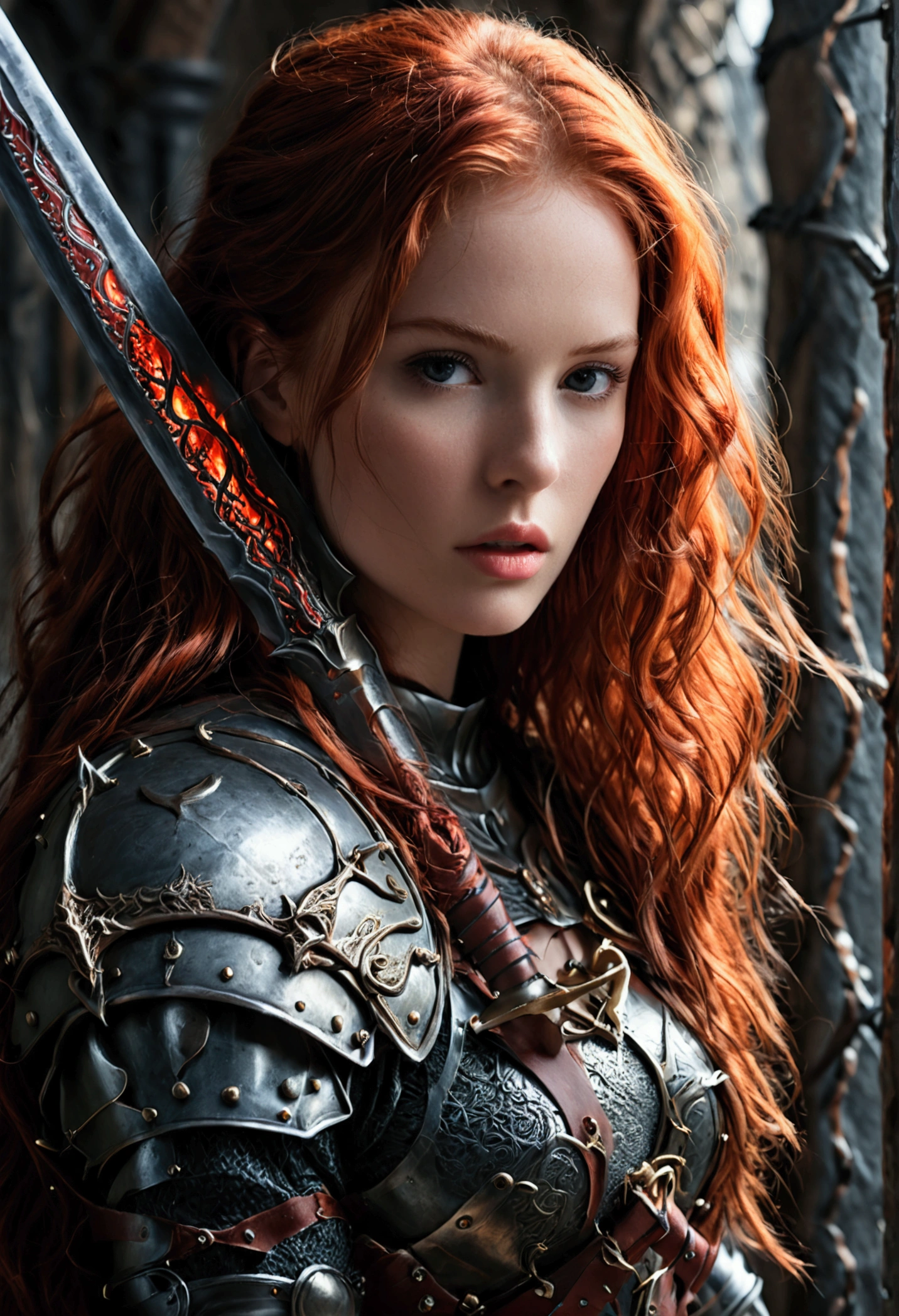 photorealistic image of a woman, ultrarealistic, photography, long red hair, woman, 24 years old, hourglass figure, perfect body, Flirty look, natural medium breasts, black metal armor, big red claymore sword on her back, walking out of the darkness into the light