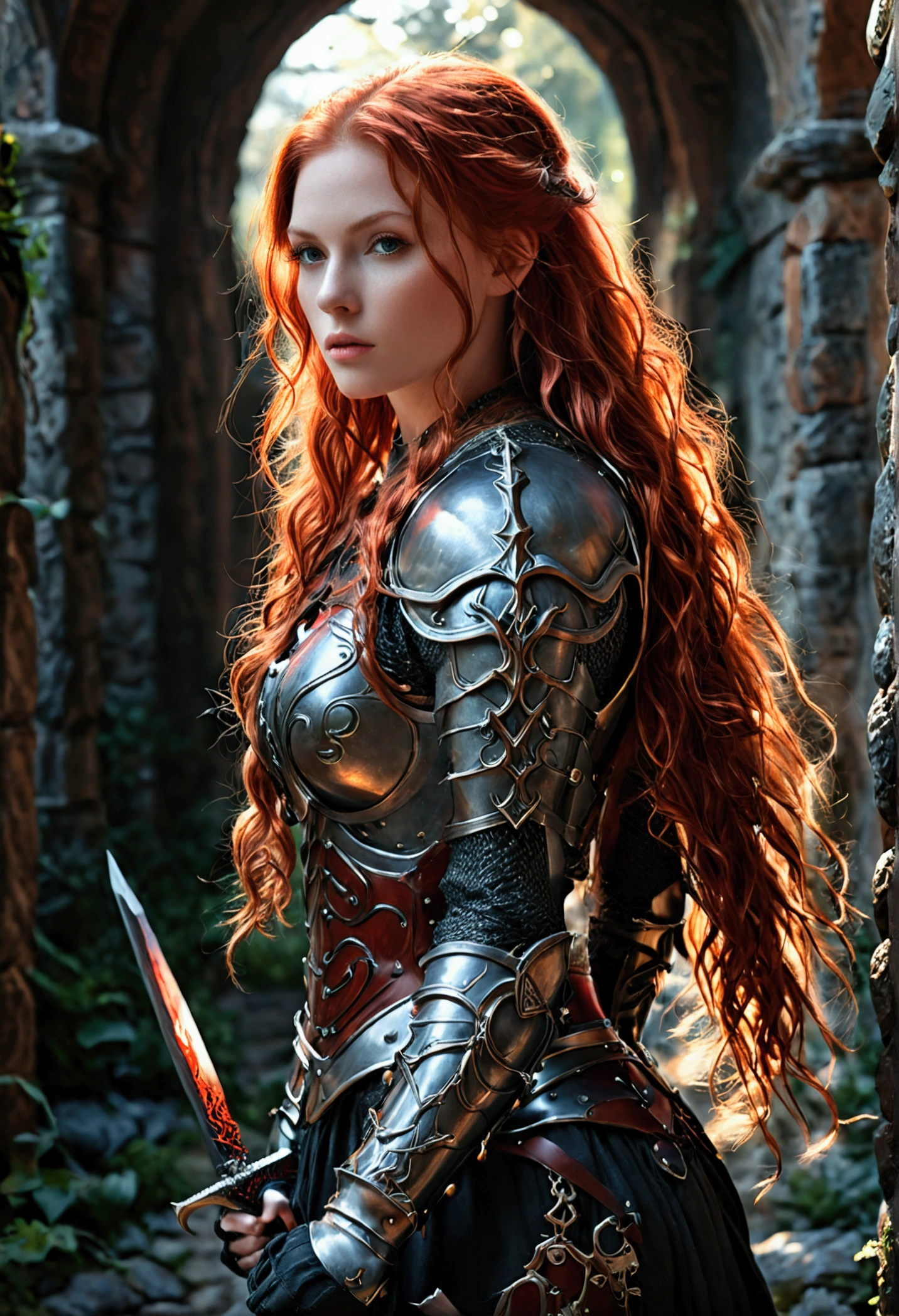 photorealistic image of a woman, ultrarealistic, photography, long red hair, woman, 24 years old, hourglass figure, perfect body, Flirty look, natural medium breasts, black metal armor, big red claymore sword on her back, walking out of the darkness into the light