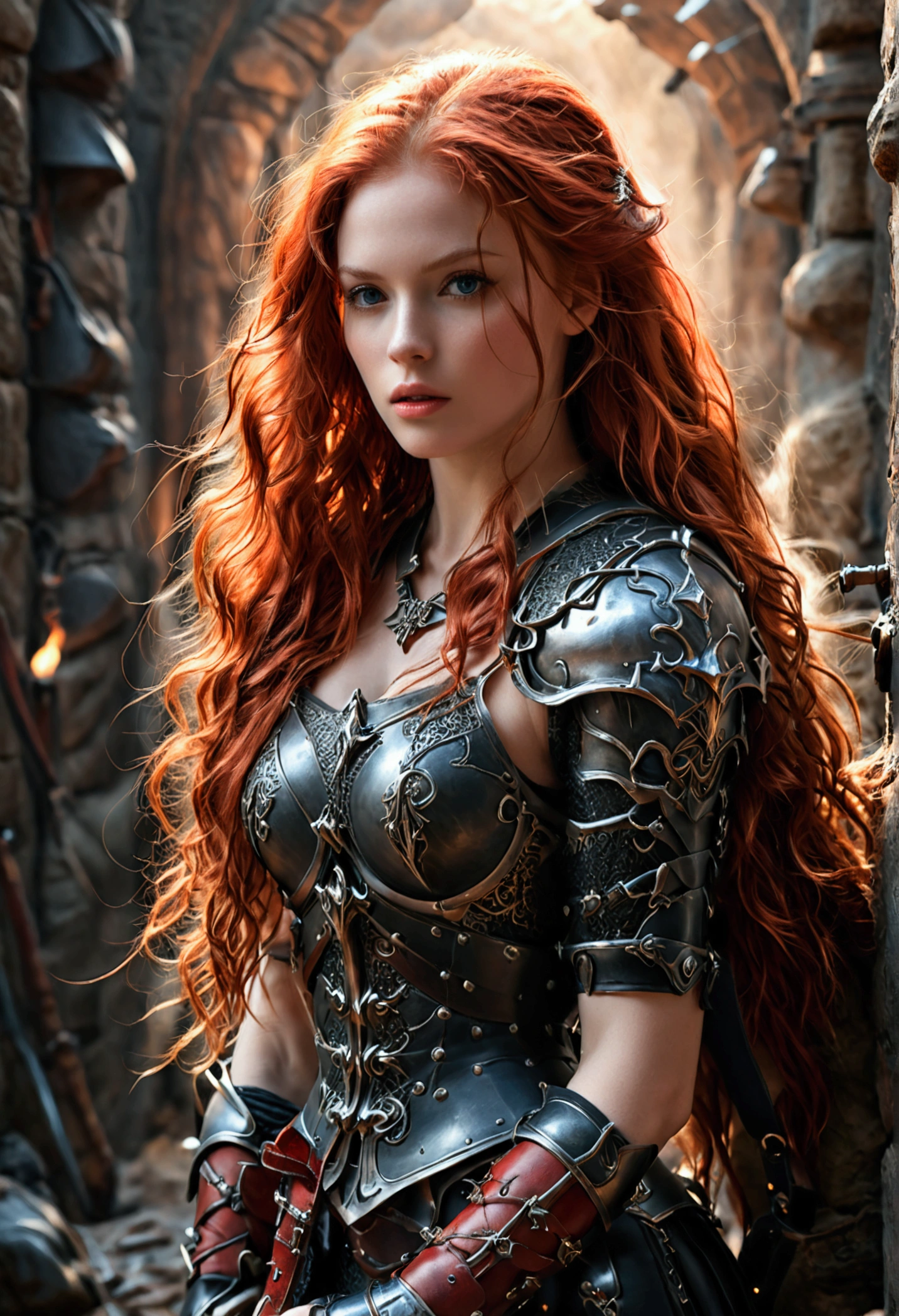 photorealistic image of a woman, ultrarealistic, photography, long red hair, woman, 24 years old, hourglass figure, perfect body, Flirty look, natural medium breasts, black metal armor, big red claymore sword on her back, walking out of the darkness into the light