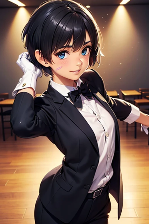 #Basics A girl is posing for a photo, (((One Girl))), (((Baby Face:1.4)) + ((cute:1.4)) + ((15 years old))),
break
#Clothing Accessories
((black tuxedo suit) : White dress shirt + Black bow tie + (black suit vest) + (Black suit jacket) + (Black suit slacks)), (Black Loafers),
((Red earrings) + (White gloves)),
break
#Features
((Black Hair:1.2)) + ((Straight bangs + Very short side bangs + Very short side hair)) + ((Pixie Cut : Very short hair:2.0)),
((Droopy eyes:1.4, Big eyes:1.2), blue eyes), (Small breasts:1.2), (boyish), (Neutral facial features:1.5),
break
#background environment
((noon + dance hall)),
#Facial Expression Pose
(smile, blush), (model posing, dynamic pose),
#composition
(Face the camera), ((Character Focus), (Angle from the front), (Cowboy Shot)),
break
#Body parts elements
(Slim figure),
(Symmetrical facial features),
(Detailed Hair, Beautiful Hair, Shiny Hair),
(double eyelid, Long eyelashes, Thin eyebrows:0.5, Thin eyebrows:0.5),
(Expression of fine eyes, Beautiful and delicate eyes, Sparkling eyes, Eye Reflexes, Glitter Eyeliner),
(Human Ear),
(Beautiful Nose, Thin Nose),
(Glossy Lips, Beautiful Lips, Thick lips),
(Detailed skin, Textured skin, Beautiful Skin, Oily skin),
break
#Quality Image Quality Common
(((Highest quality)), ((masterpiece)), ((Very detailed))), ((Ultra-high resolution)), ((16K, 1080P)), ((Full HD)),
(Anatomically correct), (Realistic), (3DCG), (Oil painting),
((comics, anime)), (CG illustration), (RAW Photos),