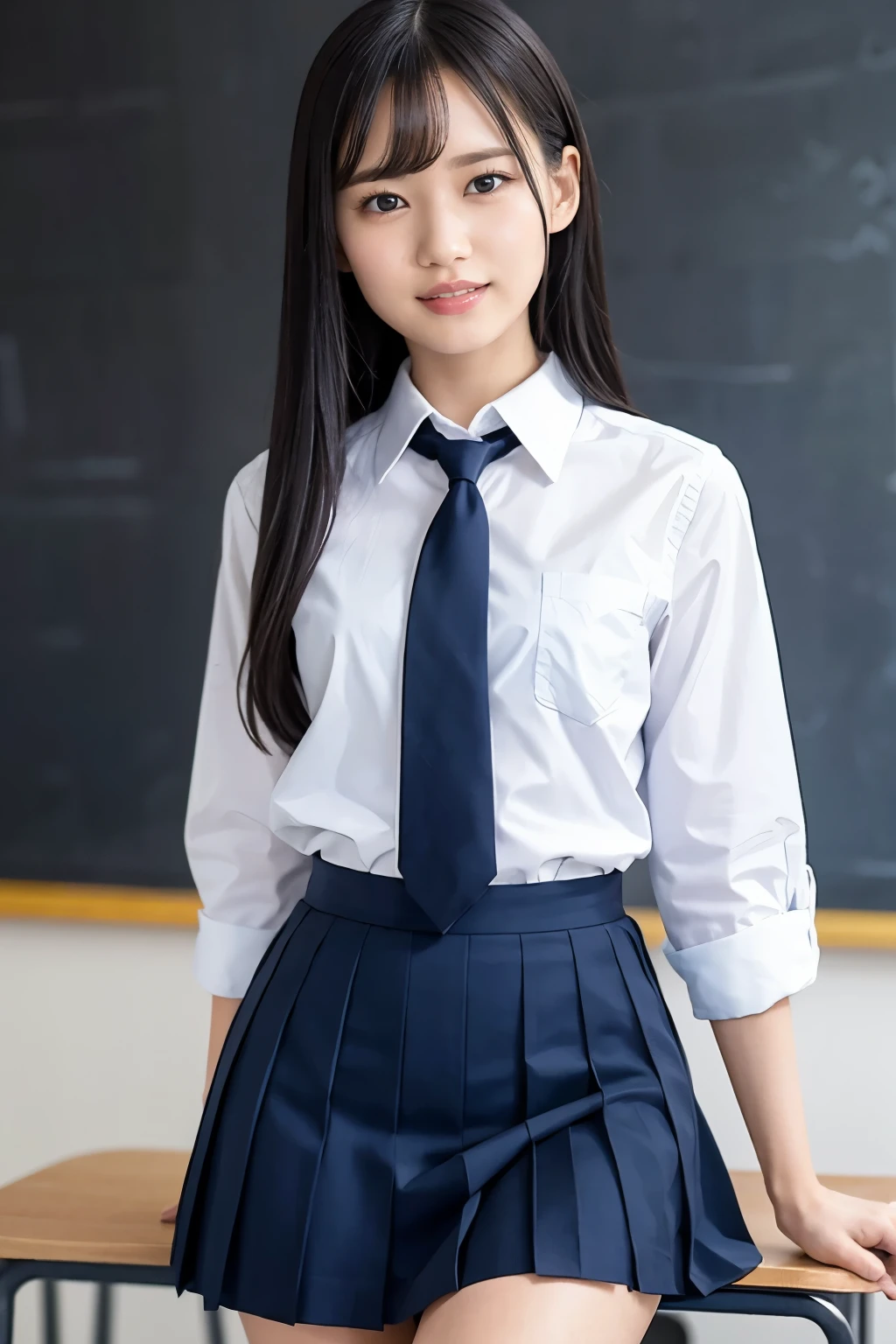 (Highest quality、Tabletop、8k、Best image quality、Award-winning works)、(Cute school girl in high school uniform:1.1)、(White polyester collared shirt:1.1)、(Navy Pleated Skirt:1.1)、Girl portrait photography、Glowing Skin、Standing Elegantly、(Perfectly blurred school classroom background:1.1)、(Classroom large blackboard background:1.2)、(A smile staring at me:1.1)、(Face close-up:1.2)