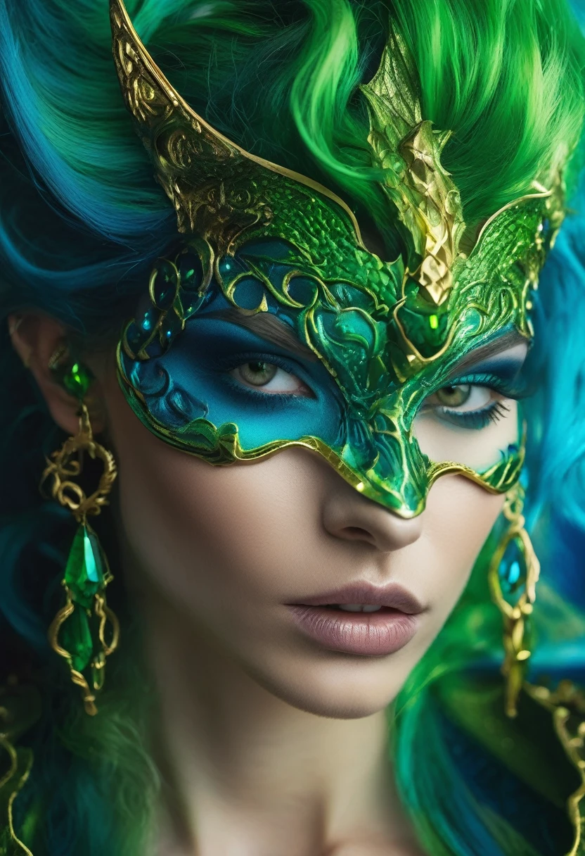 a close up of a woman with green hair, fantasy creatures, blue dragon, masked, photoreal elegant, green and blue colour palette, the element woman, intricate devilish designs, lady of the entropy, wicked