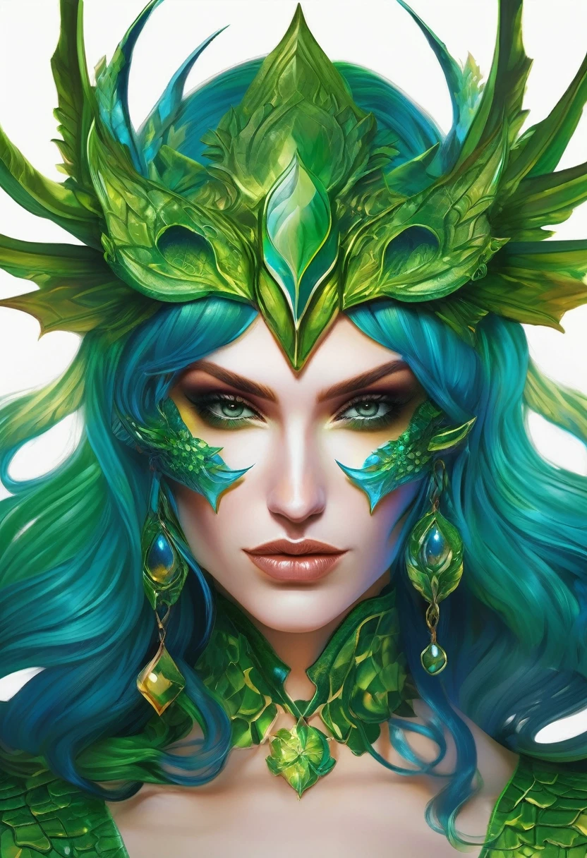 a close up of a woman with green hair, fantasy creatures, blue dragon, masked, photoreal elegant, green and blue colour palette, the element woman, intricate devilish designs, lady of the entropy, wicked
