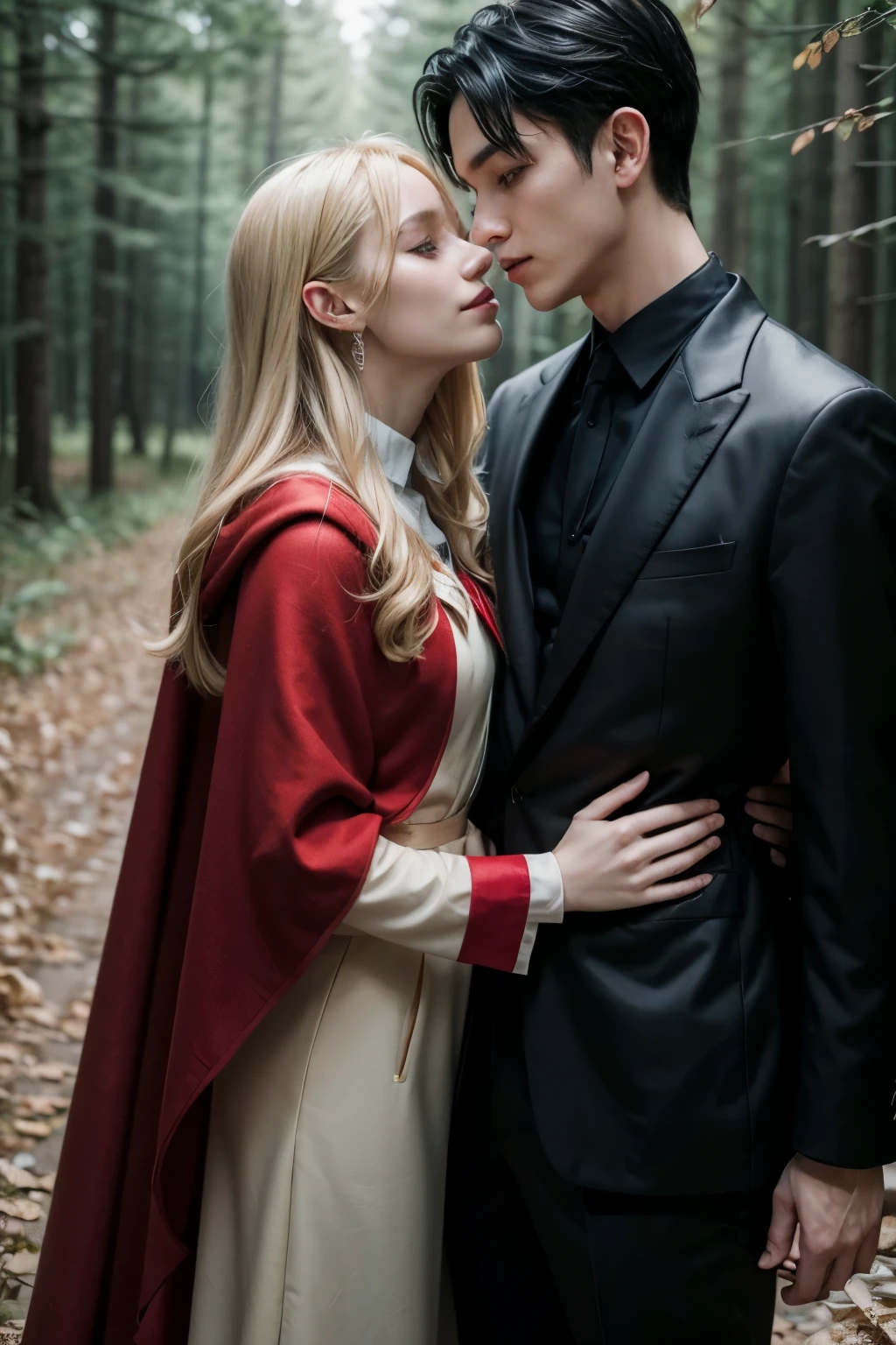 1 blonde girl in red cape kissing 1 black haired boy in black suit, at a forest