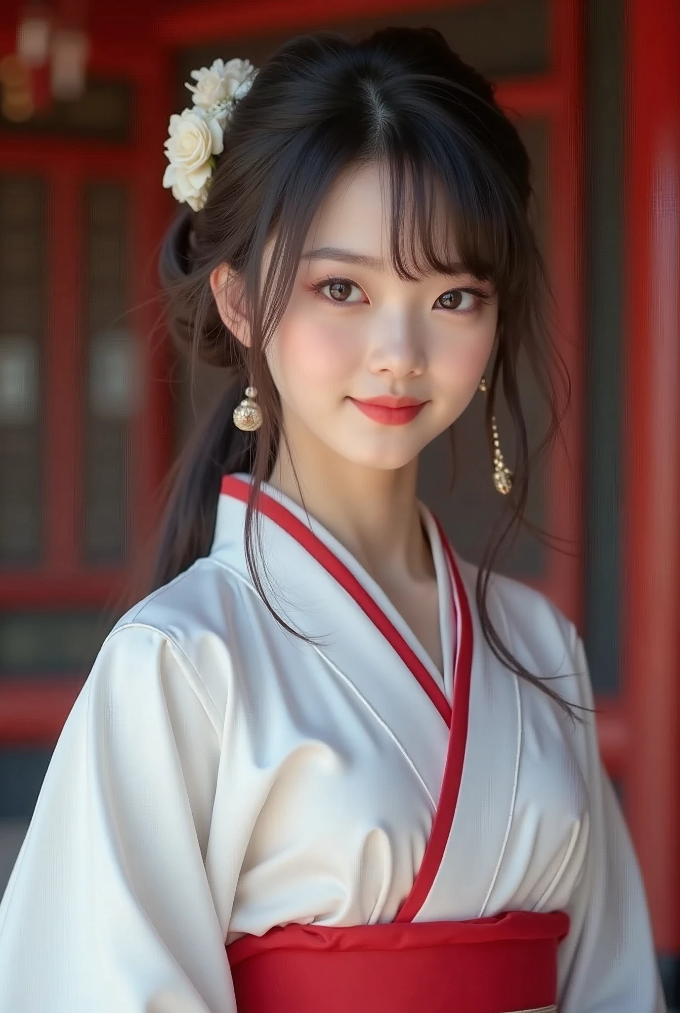 (Highest quality、Tabletop、8k、Best image quality)、(Beautiful Japanese Perfect Shrine Maiden:1.1)、(The perfect and most natural white robe of a shrine maiden:1.3)、(The perfect and most natural shrine maiden's red hakama:1.3)、(Elegantly styled hair:1.1)、(Close-up of face:1.1)、Look at me、The best smile、The background is a magnificent and luxurious shrine.、The majestic and luxurious exterior resembles a real shrine、A gorgeous and authentic shrine with Niwa lacquerware
