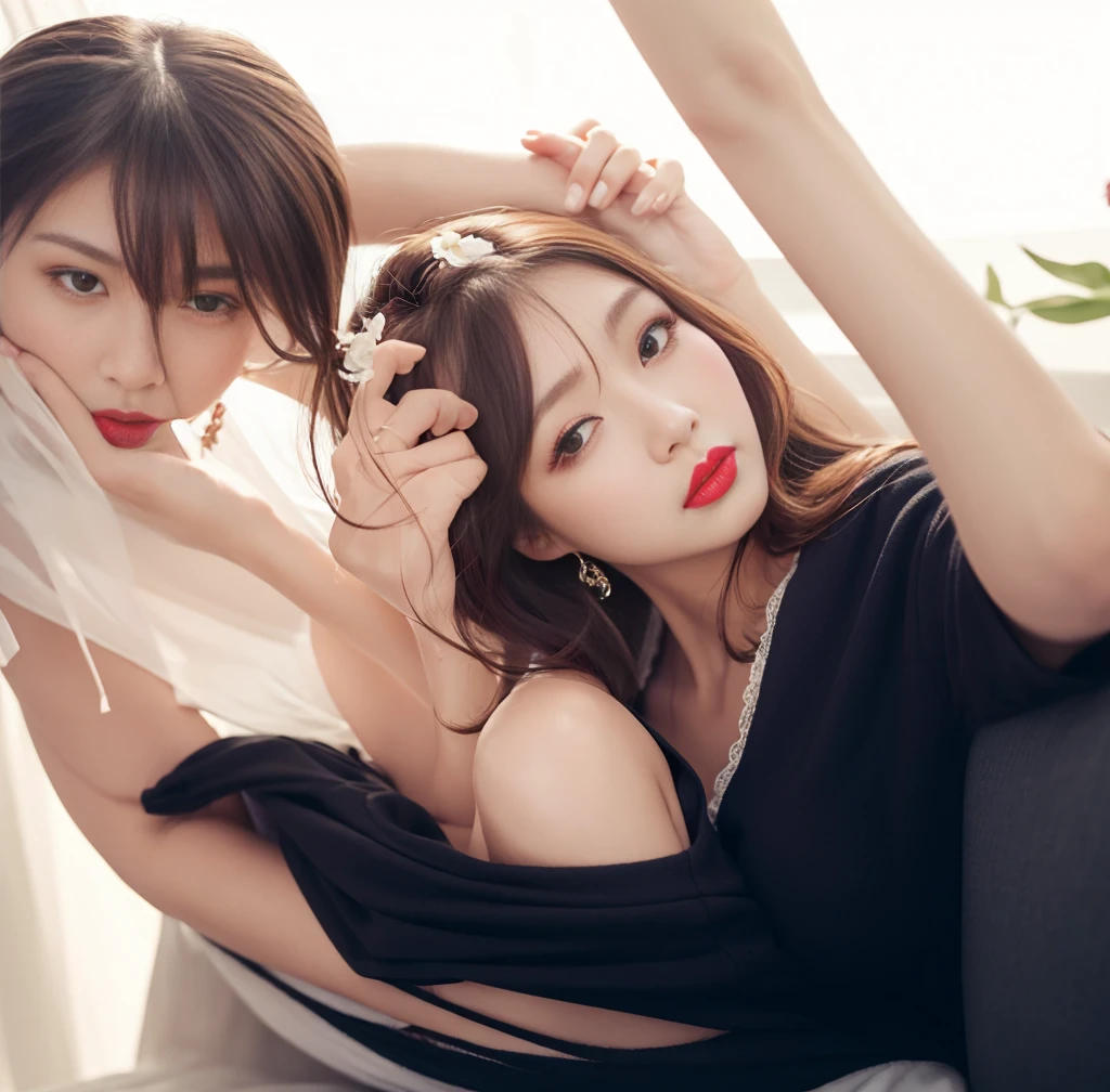 Highest quality、masterpiece、Ultra-high resolution、(Photorealistic:1.4)、Upper Body、((Full body pose:1.0))、garden、Red lipstick、White night dress、
